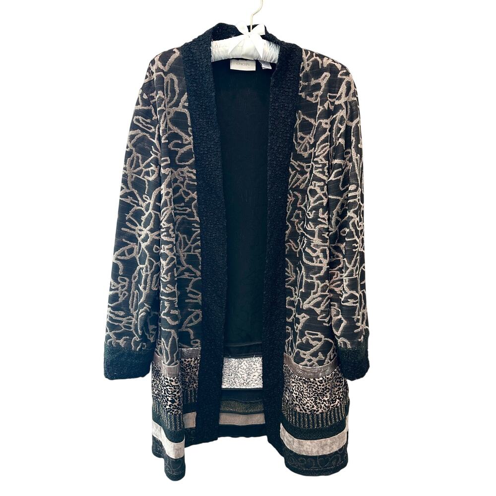 CHICO’S Mixed Print Cardigan Open Front Duster Jacket Leopard | Size 2 Large - Picture 2 of 7